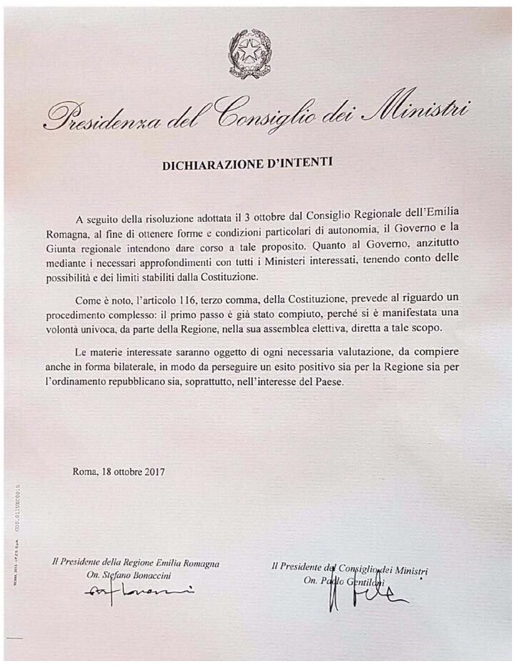 La Dichiarazione DIntenti Siglata Da Gentiloni E Bonaccini